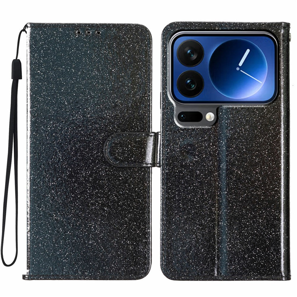 For Xiaomi 17 Pro Max Wallet Case Glitter Anti-Scratch Leather Stand Phone Cover with Strap - Black