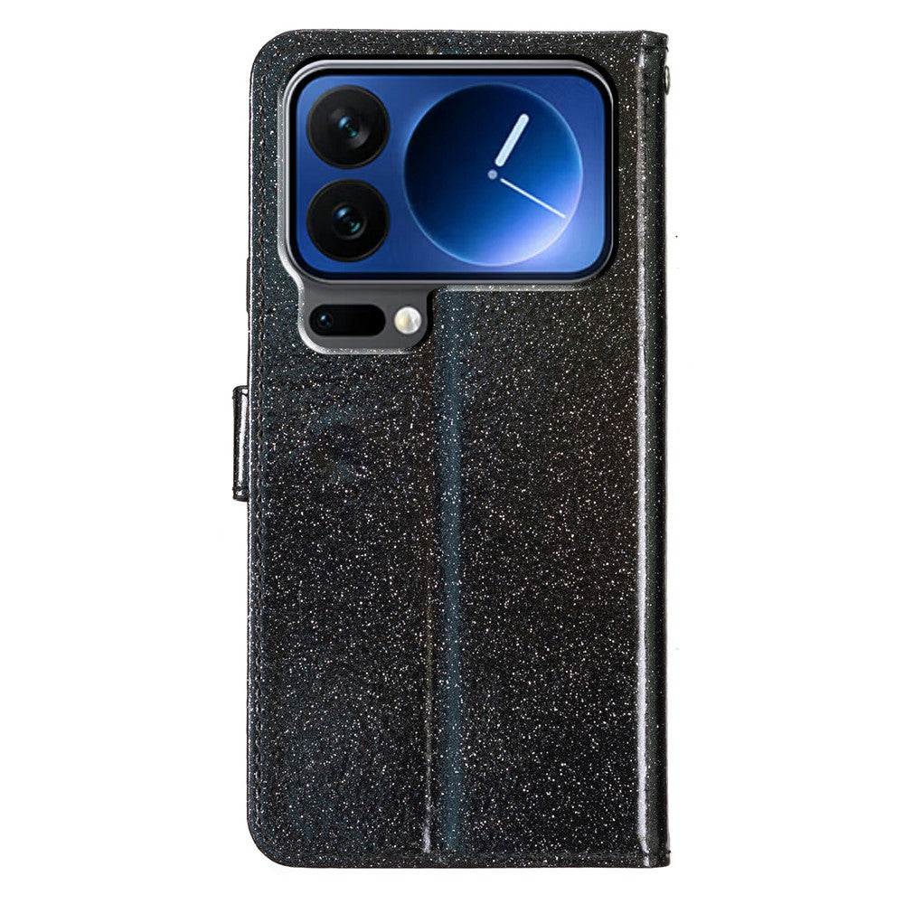 For Xiaomi 17 Pro Max Wallet Case Glitter Anti-Scratch Leather Stand Phone Cover with Strap - Black