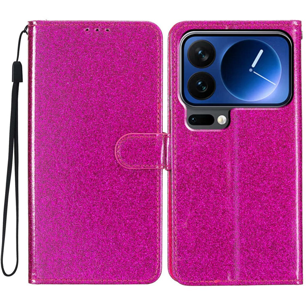 For Xiaomi 17 Pro Max Wallet Case Glitter Anti-Scratch Leather Stand Phone Cover with Strap - Rose