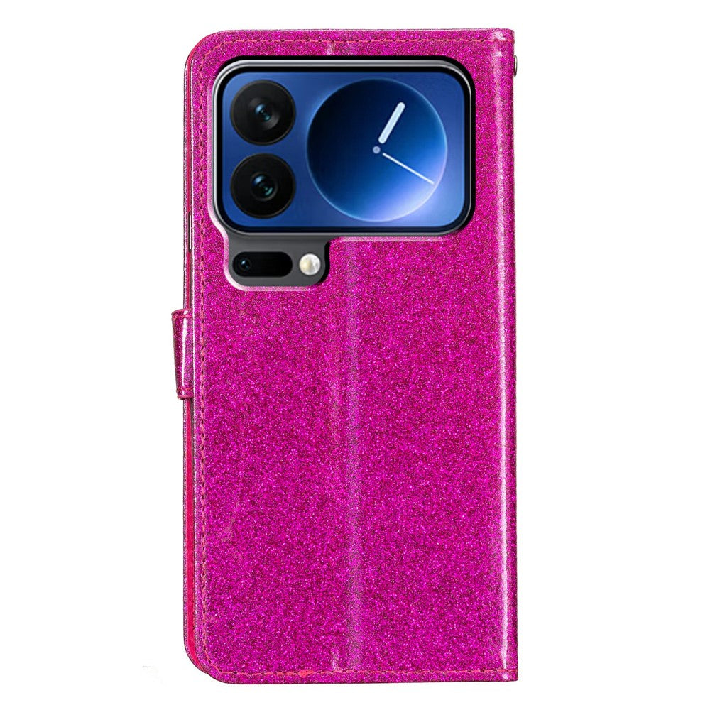 For Xiaomi 17 Pro Max Wallet Case Glitter Anti-Scratch Leather Stand Phone Cover with Strap - Rose
