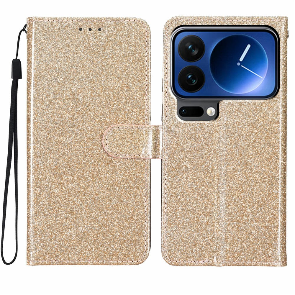 For Xiaomi 17 Pro Max Wallet Case Glitter Anti-Scratch Leather Stand Phone Cover with Strap - Gold