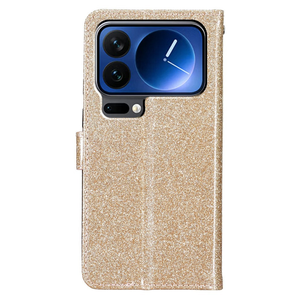 For Xiaomi 17 Pro Max Wallet Case Glitter Anti-Scratch Leather Stand Phone Cover with Strap - Gold