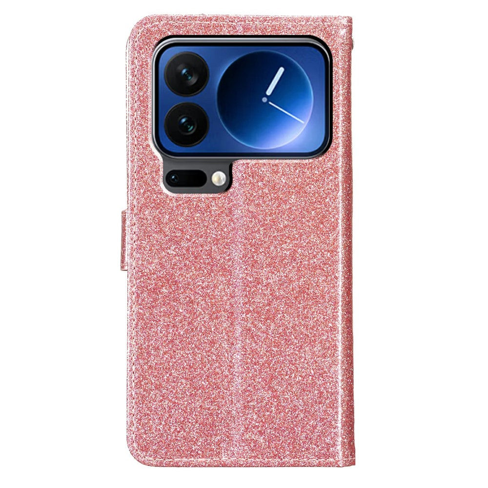 For Xiaomi 17 Pro Max Wallet Case Glitter Anti-Scratch Leather Stand Phone Cover with Strap - Rose Gold