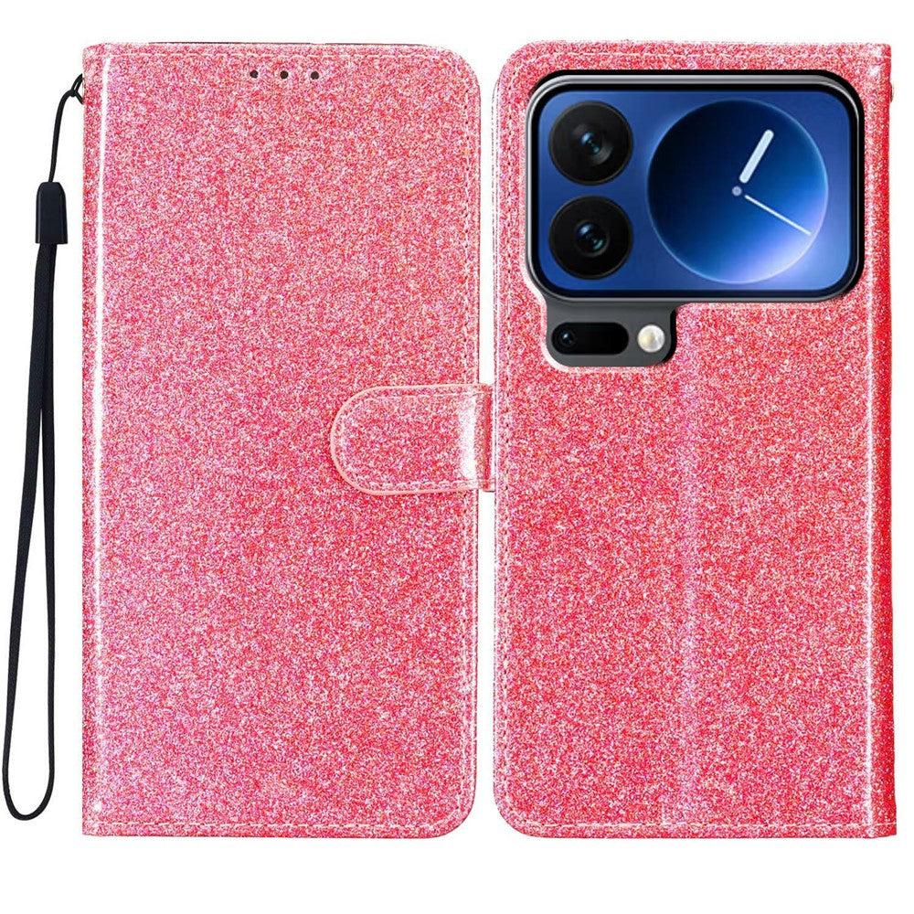 For Xiaomi 17 Pro Max Wallet Case Glitter Anti-Scratch Leather Stand Phone Cover with Strap - Pink