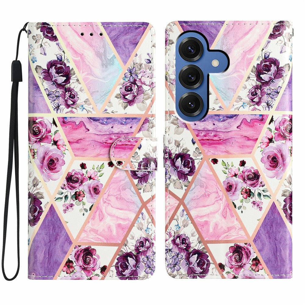 For-Samsung-Galaxy-S26-/-S26-Pro-Wallet-Case-PU-Leather-Pattern-Printing-Stand-Phone-Cover-with-Strap-Purple-Flowers