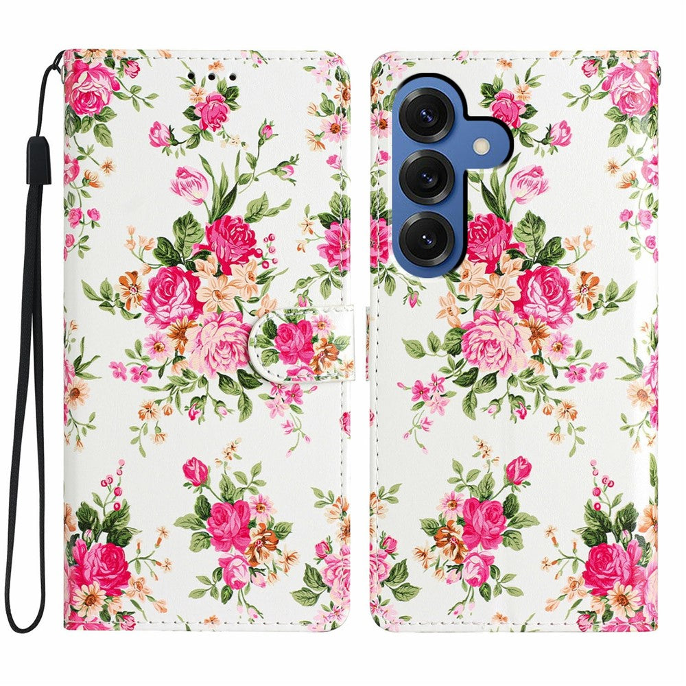 For-Samsung-Galaxy-S26-/-S26-Pro-Wallet-Case-PU-Leather-Pattern-Printing-Stand-Phone-Cover-with-Strap-Red-Flowers