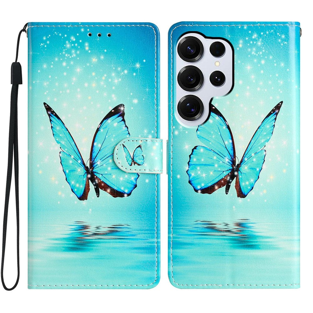 For-Samsung-Galaxy-S26-Ultra-Wallet-Case-PU-Leather-Pattern-Printing-Stand-Phone-Cover-with-Strap-Blue-Butterfly