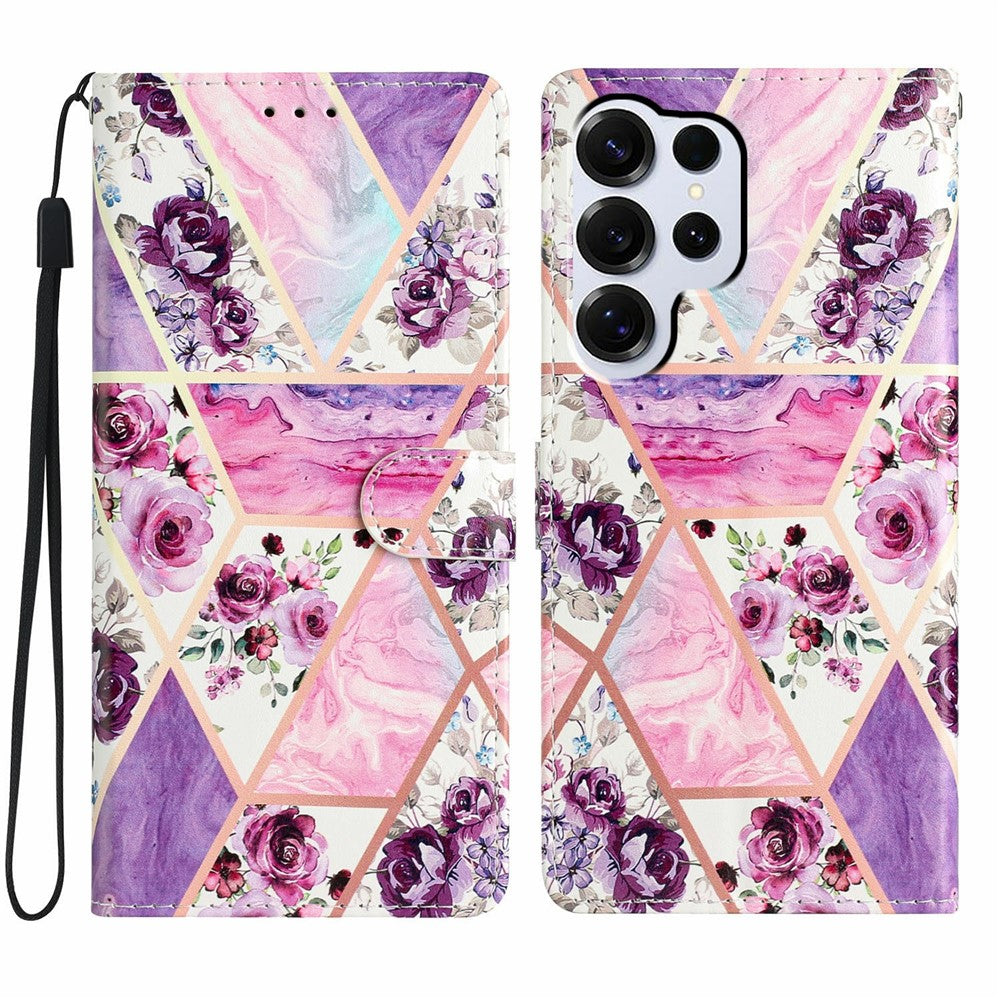 For-Samsung-Galaxy-S26-Ultra-Wallet-Case-PU-Leather-Pattern-Printing-Stand-Phone-Cover-with-Strap-Purple-Flowers