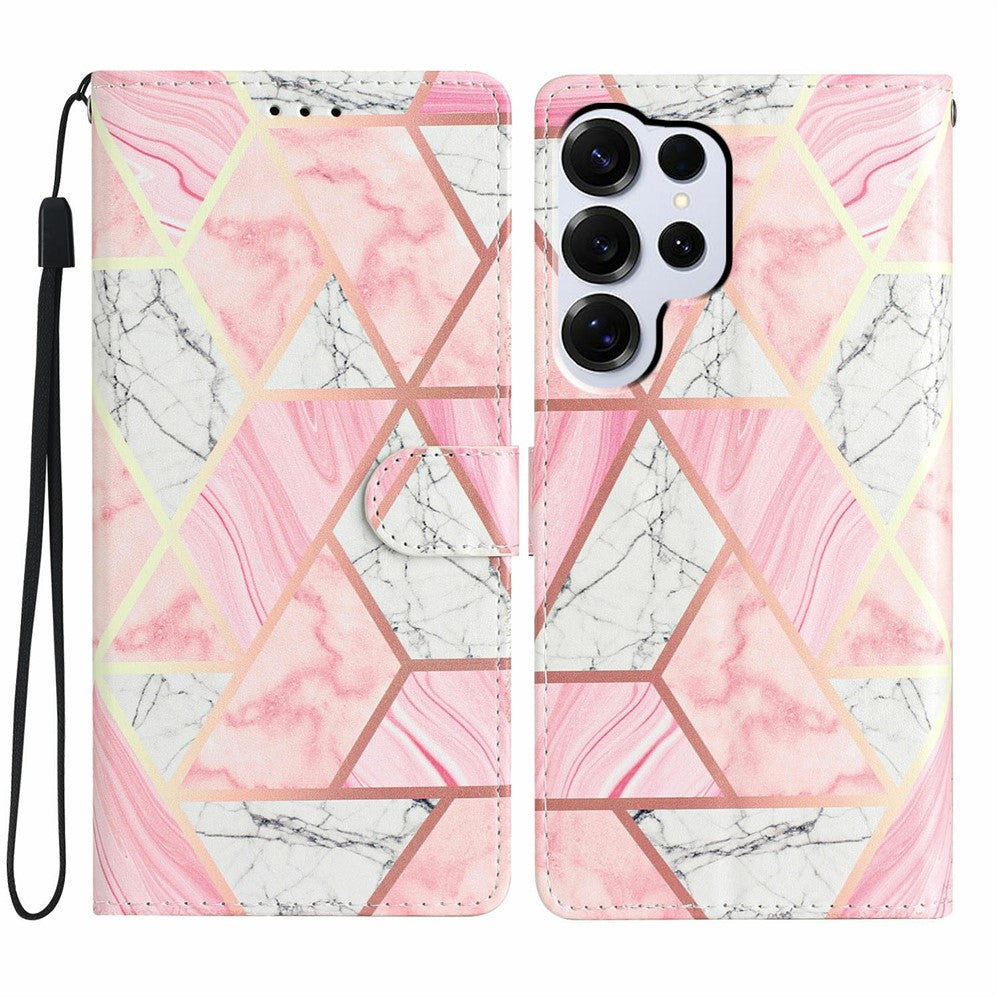 For-Samsung-Galaxy-S26-Ultra-Wallet-Case-PU-Leather-Pattern-Printing-Stand-Phone-Cover-with-Strap-Pink-Marble