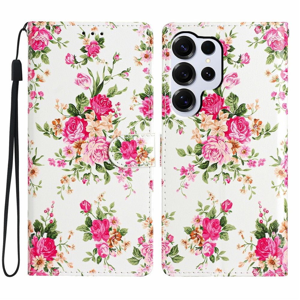 For-Samsung-Galaxy-S26-Ultra-Wallet-Case-PU-Leather-Pattern-Printing-Stand-Phone-Cover-with-Strap-Red-Flowers