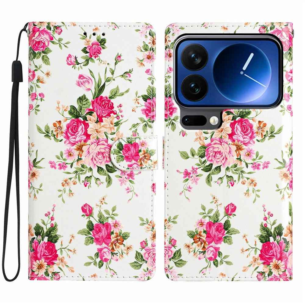 For Xiaomi 17 Pro Wallet Case PU Leather Pattern Printing Stand Phone Cover with Strap - Red Flowers