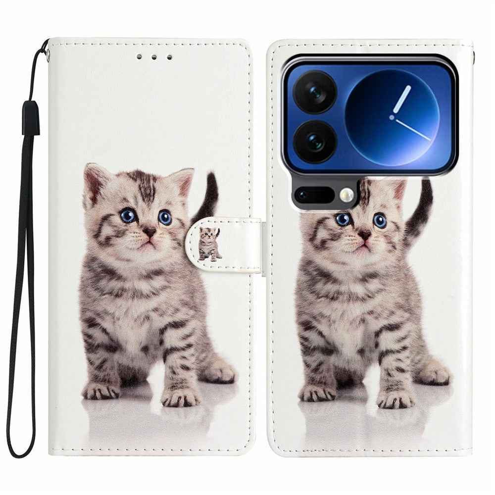 For Xiaomi 17 Pro Wallet Case PU Leather Pattern Printing Stand Phone Cover with Strap - Cute Cat