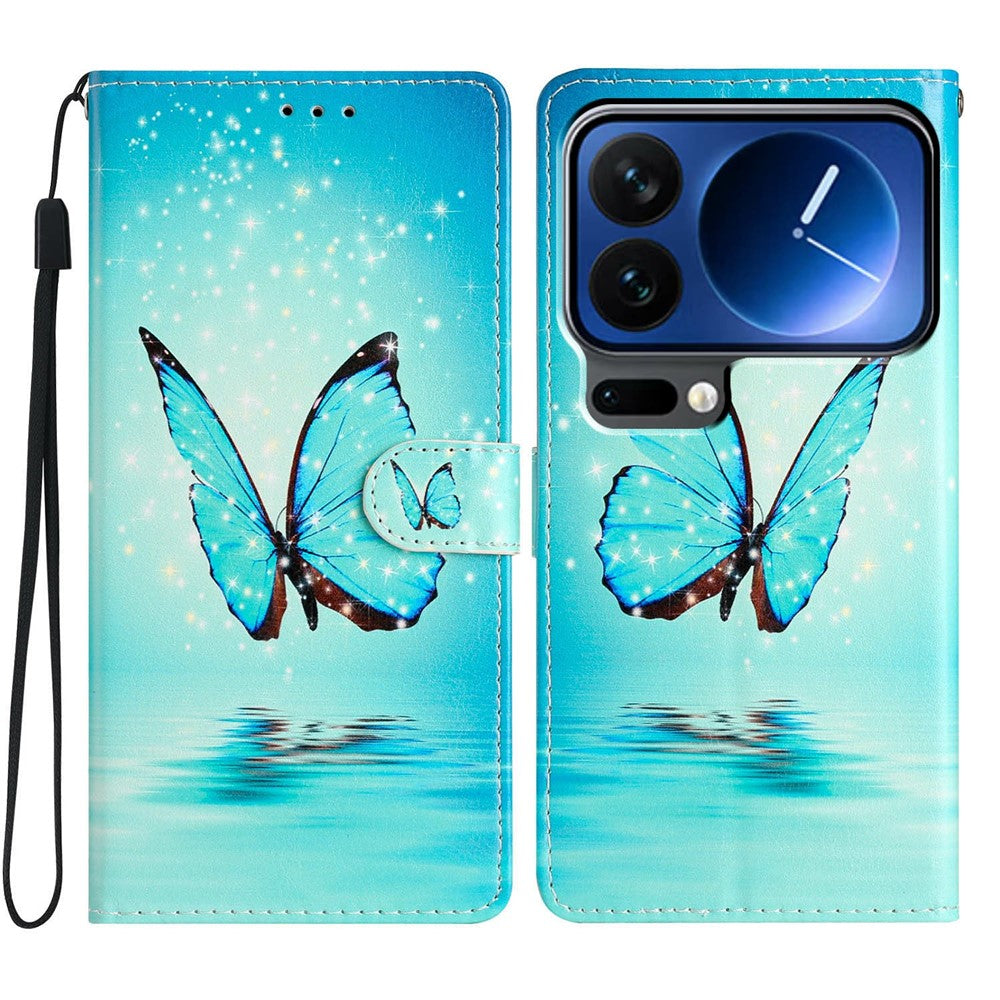For Xiaomi 17 Pro Max Wallet Case PU Leather Pattern Printing Stand Phone Cover with Strap - Blue Butterfly
