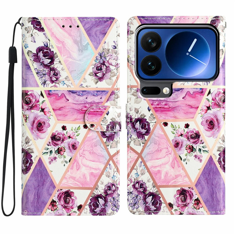 For Xiaomi 17 Pro Max Wallet Case PU Leather Pattern Printing Stand Phone Cover with Strap - Purple Flowers