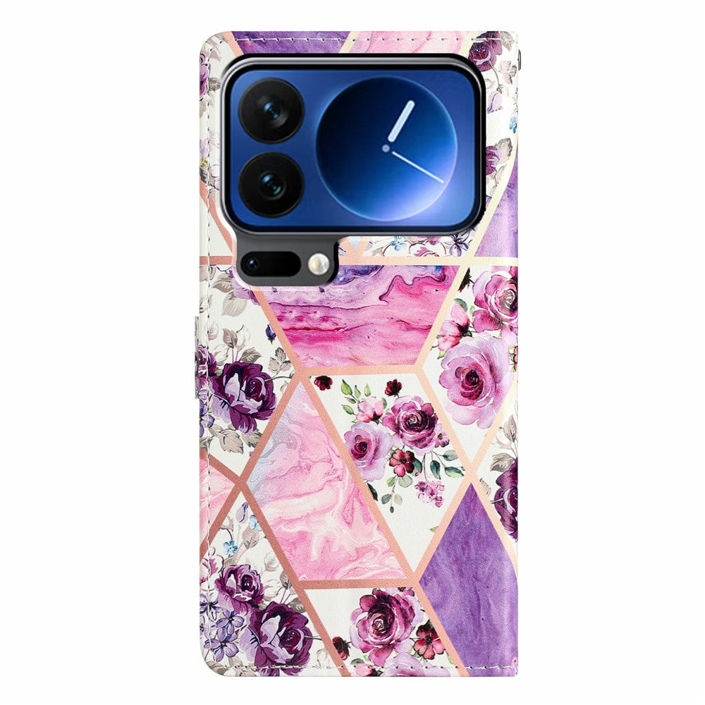 For Xiaomi 17 Pro Max Wallet Case PU Leather Pattern Printing Stand Phone Cover with Strap - Purple Flowers