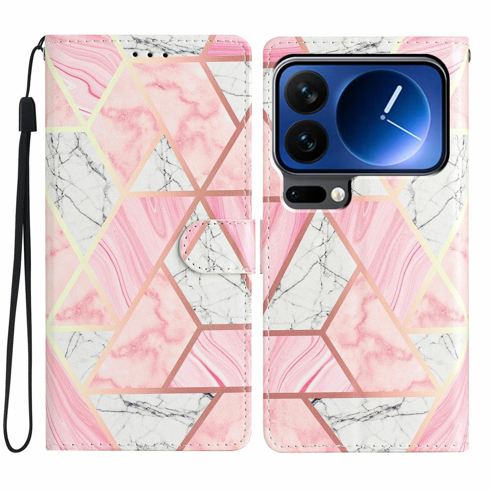 For Xiaomi 17 Pro Max Wallet Case PU Leather Pattern Printing Stand Phone Cover with Strap - Pink Marble