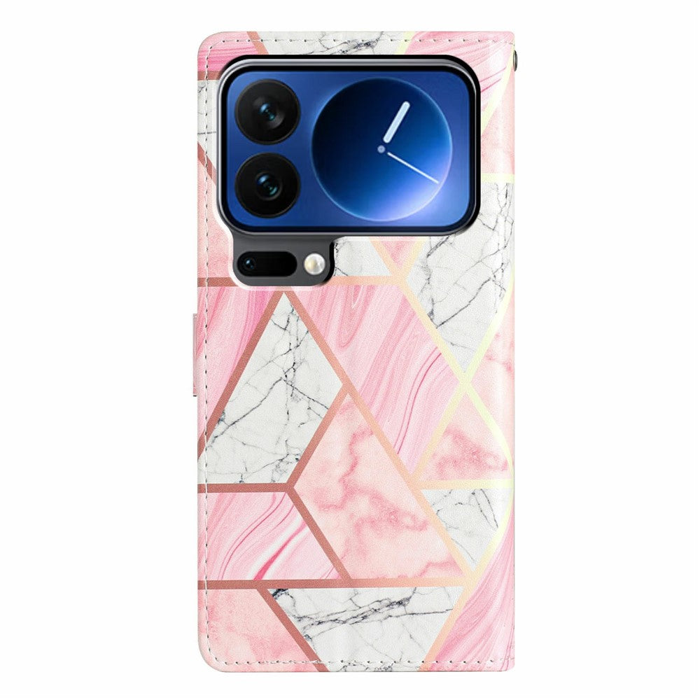 For Xiaomi 17 Pro Max Wallet Case PU Leather Pattern Printing Stand Phone Cover with Strap - Pink Marble