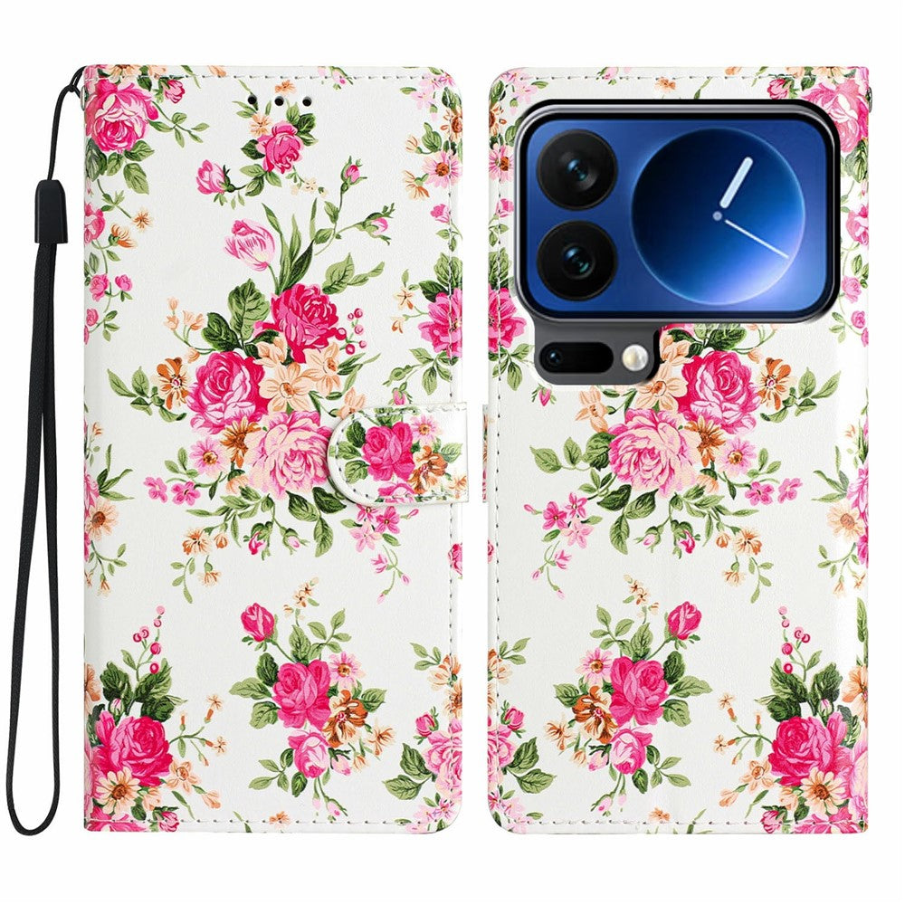 For Xiaomi 17 Pro Max Wallet Case PU Leather Pattern Printing Stand Phone Cover with Strap - Red Flowers