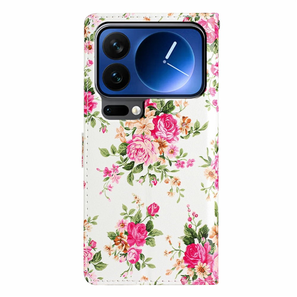 For Xiaomi 17 Pro Max Wallet Case PU Leather Pattern Printing Stand Phone Cover with Strap - Red Flowers