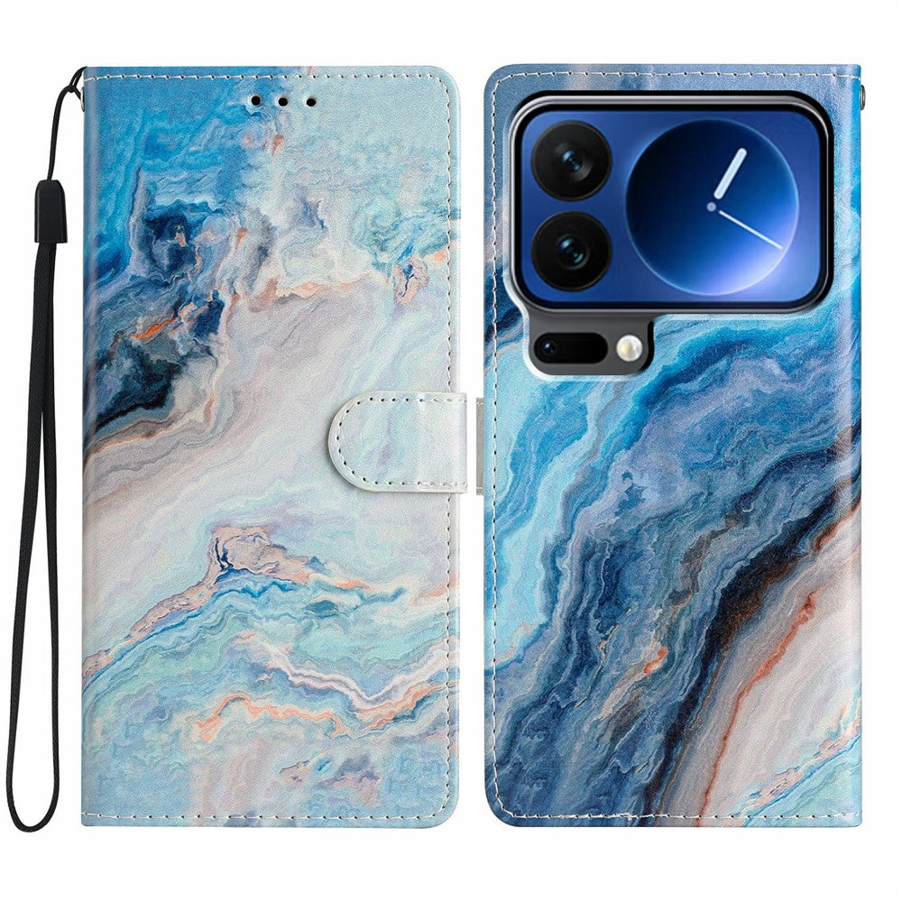 For Xiaomi 17 Pro Max Wallet Case PU Leather Pattern Printing Stand Phone Cover with Strap - Blue Marble