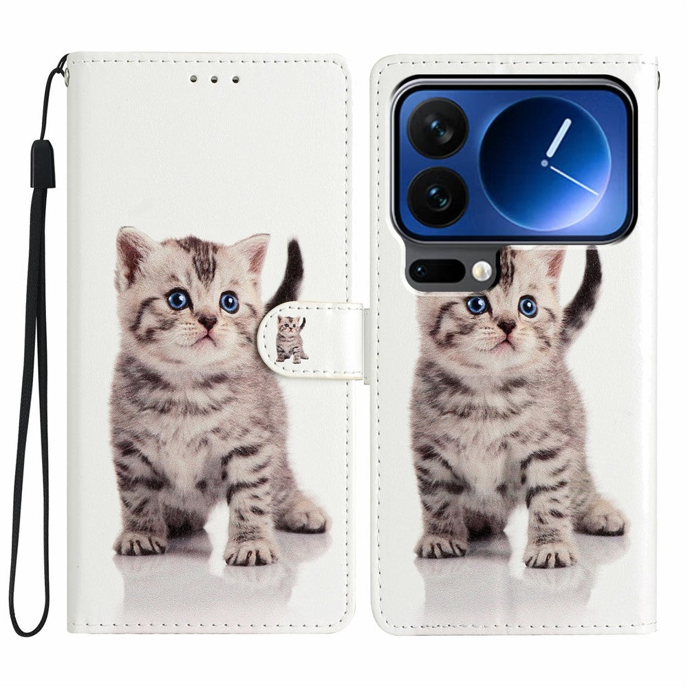 For Xiaomi 17 Pro Max Wallet Case PU Leather Pattern Printing Stand Phone Cover with Strap - Cute Cat