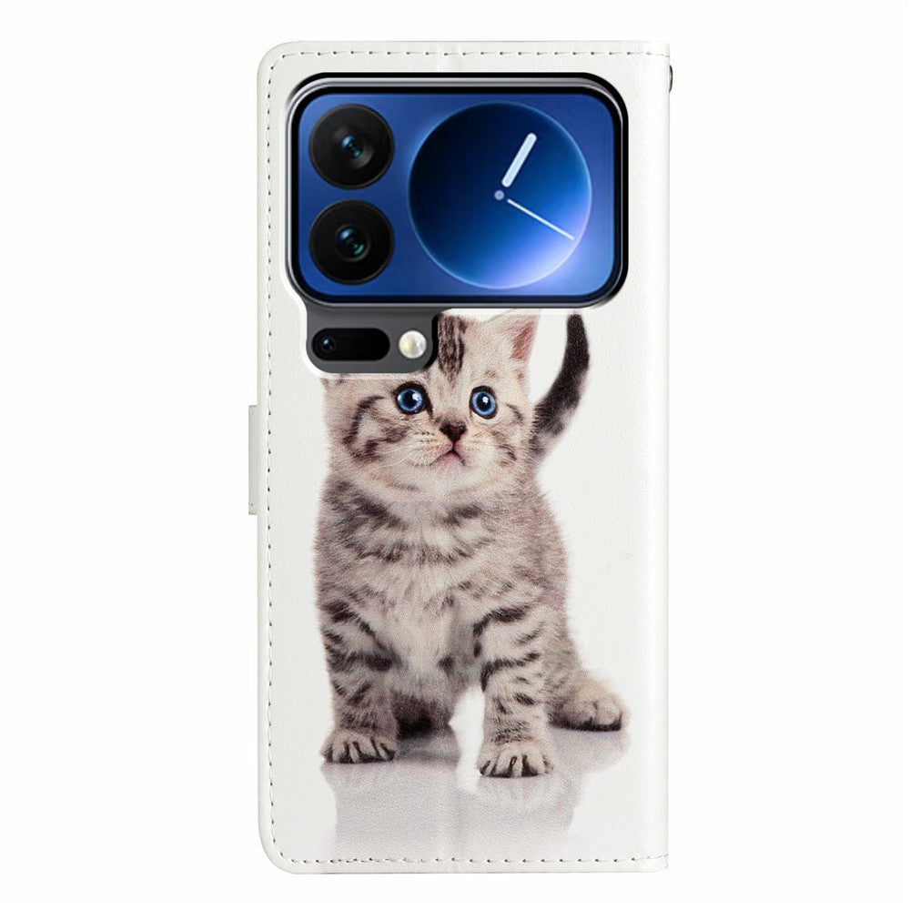 For Xiaomi 17 Pro Max Wallet Case PU Leather Pattern Printing Stand Phone Cover with Strap - Cute Cat