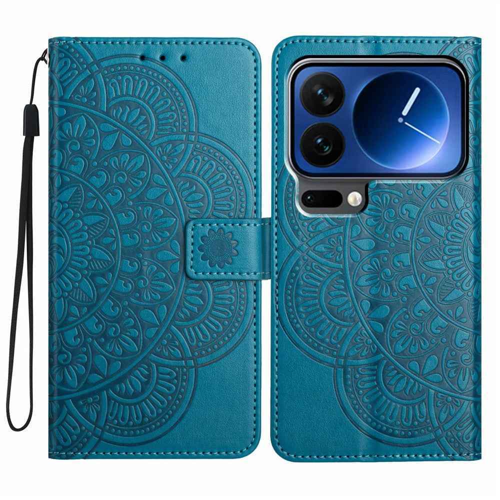 For Xiaomi 17 Pro Leather Case with Card Slots Mandala Pattern Phone Cover Stand - Blue