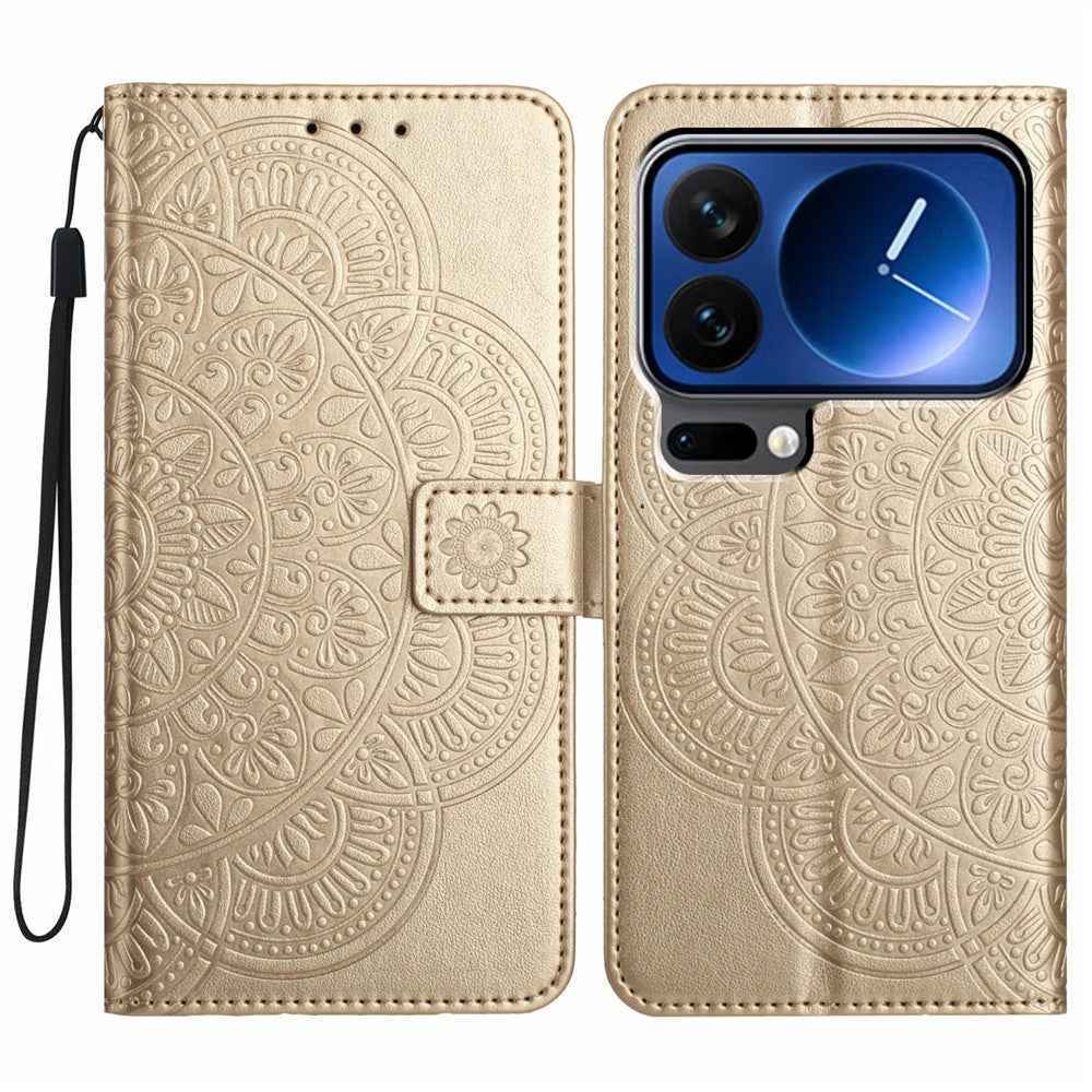 For Xiaomi 17 Pro Leather Case with Card Slots Mandala Pattern Phone Cover Stand - Gold