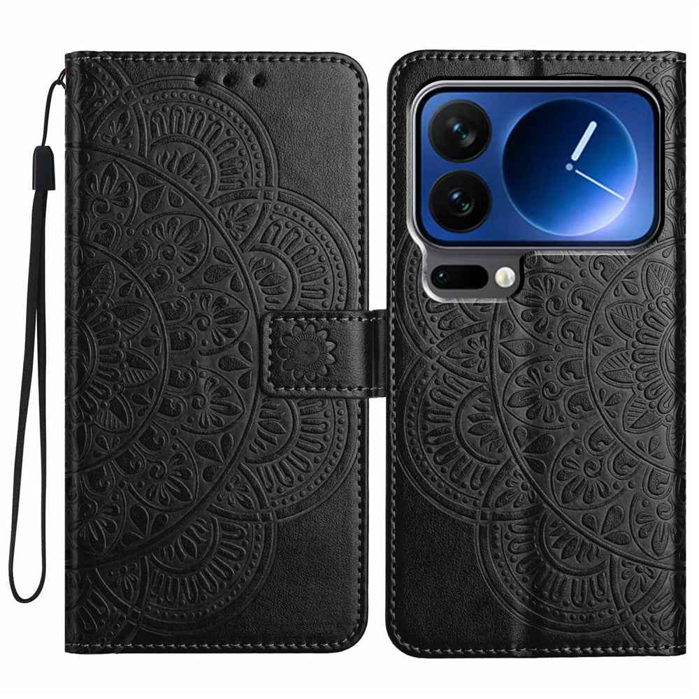 For Xiaomi 17 Pro Leather Case with Card Slots Mandala Pattern Phone Cover Stand - Black