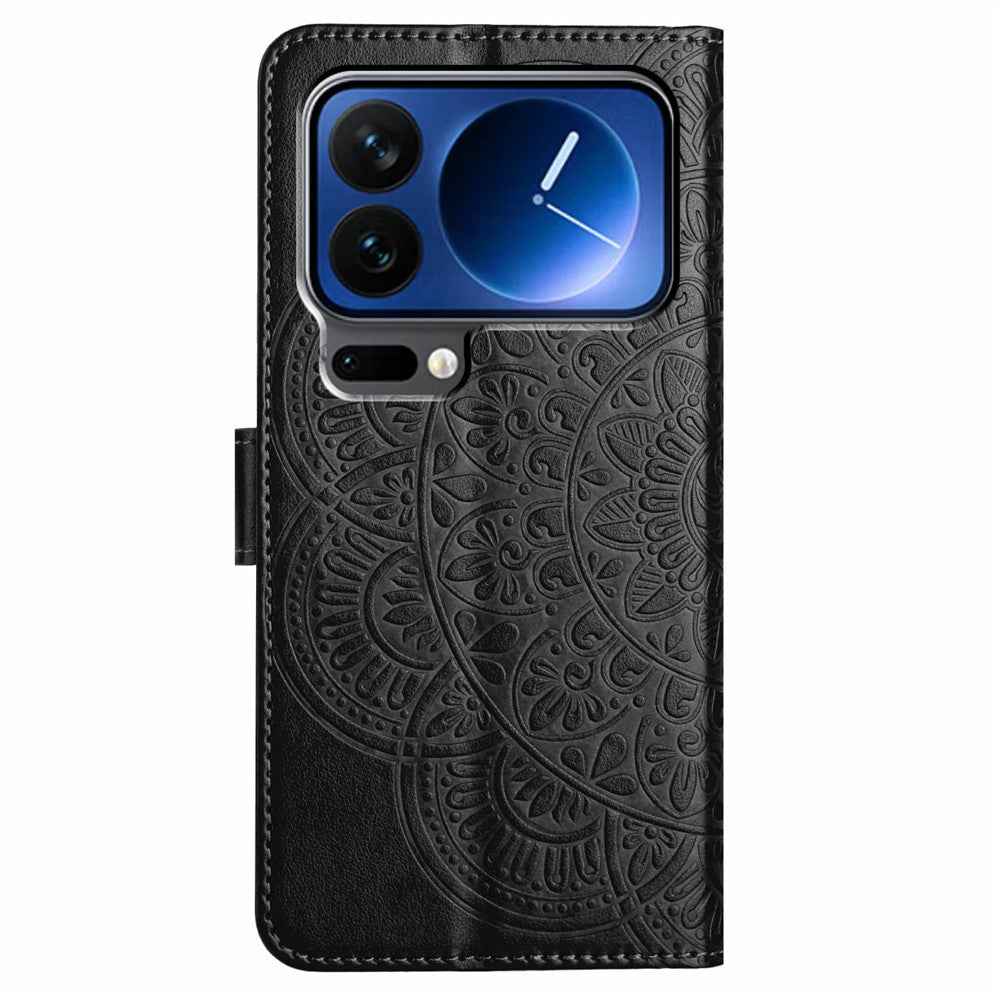 For Xiaomi 17 Pro Leather Case with Card Slots Mandala Pattern Phone Cover Stand - Black