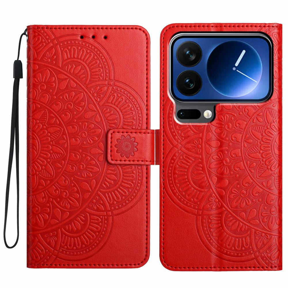 For Xiaomi 17 Pro Max Leather Case with Card Slots Mandala Pattern Phone Cover Stand - Red