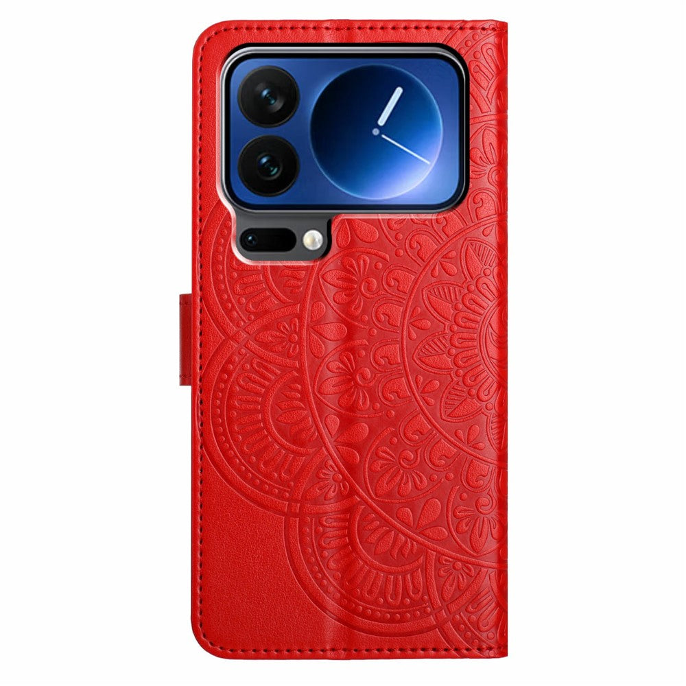 For Xiaomi 17 Pro Max Leather Case with Card Slots Mandala Pattern Phone Cover Stand - Red