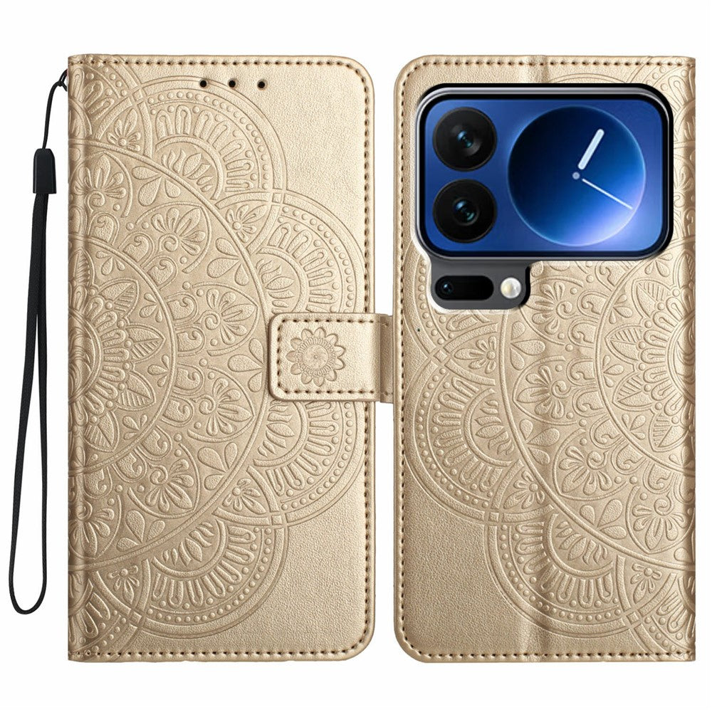 For Xiaomi 17 Pro Max Leather Case with Card Slots Mandala Pattern Phone Cover Stand - Gold