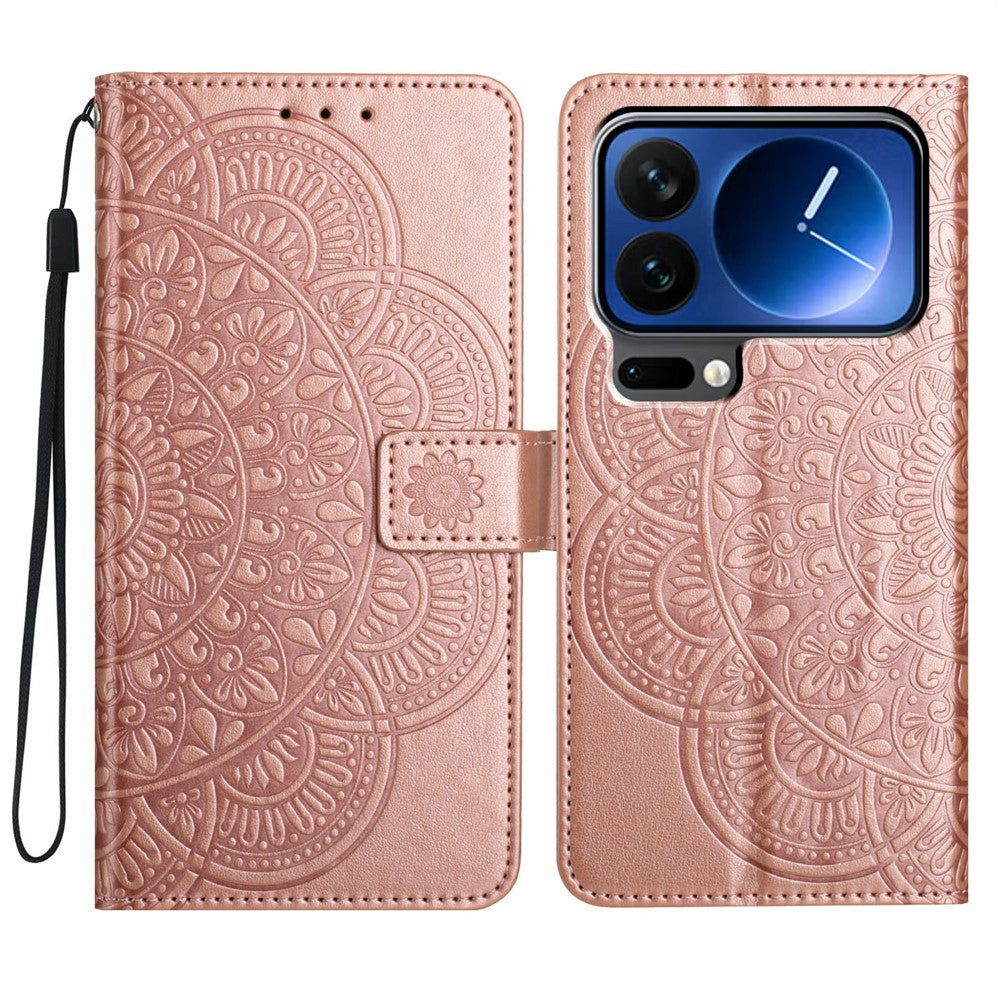 For Xiaomi 17 Pro Max Leather Case with Card Slots Mandala Pattern Phone Cover Stand - Rose Gold