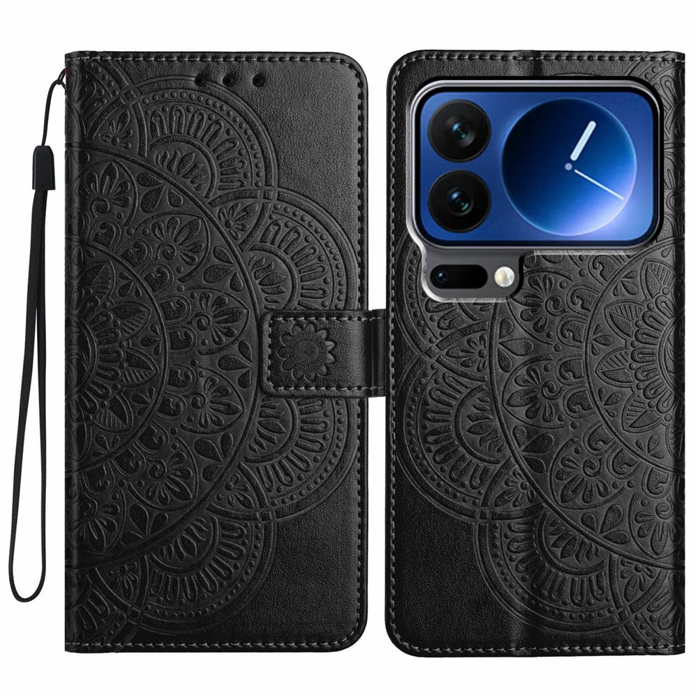 For Xiaomi 17 Pro Max Leather Case with Card Slots Mandala Pattern Phone Cover Stand - Black