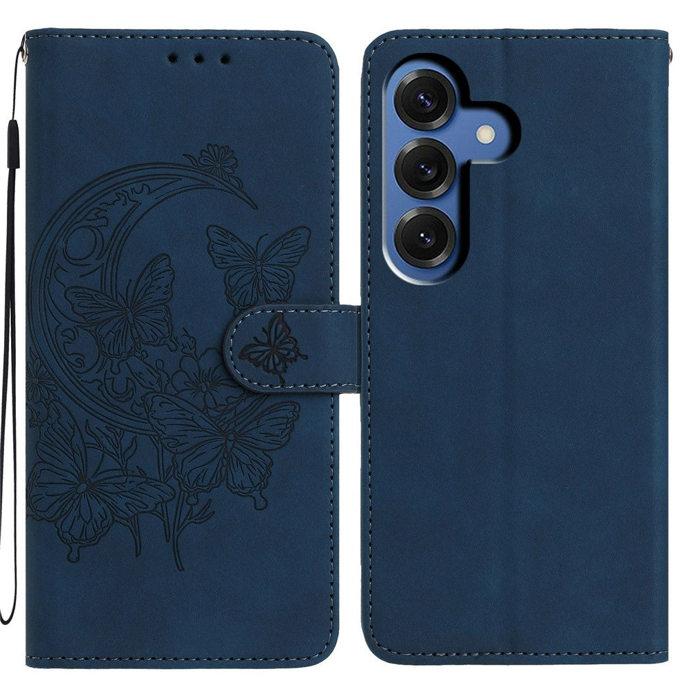 For-Samsung-Galaxy-S26-/-S26-Pro-Case-Butterfly-Flower-Imprinted-PU-Leather-Wallet-Stand-Phone-Cover-Blue