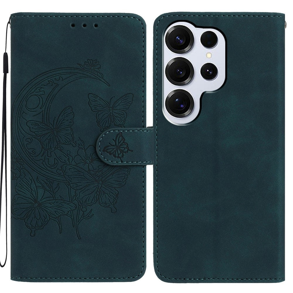 For-Samsung-Galaxy-S26-Ultra-Case-Butterfly-Flower-Imprinted-PU-Leather-Wallet-Stand-Phone-Cover-Green