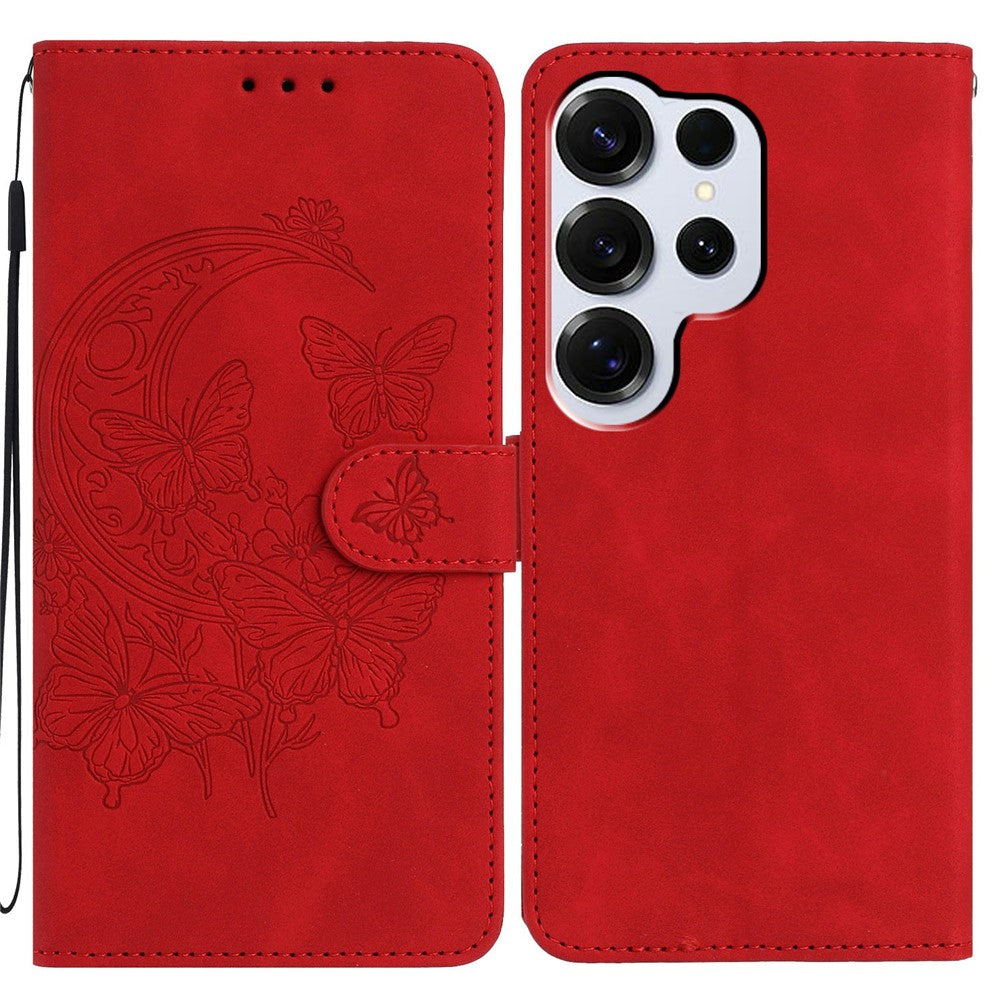 For-Samsung-Galaxy-S26-Ultra-Case-Butterfly-Flower-Imprinted-PU-Leather-Wallet-Stand-Phone-Cover-Red