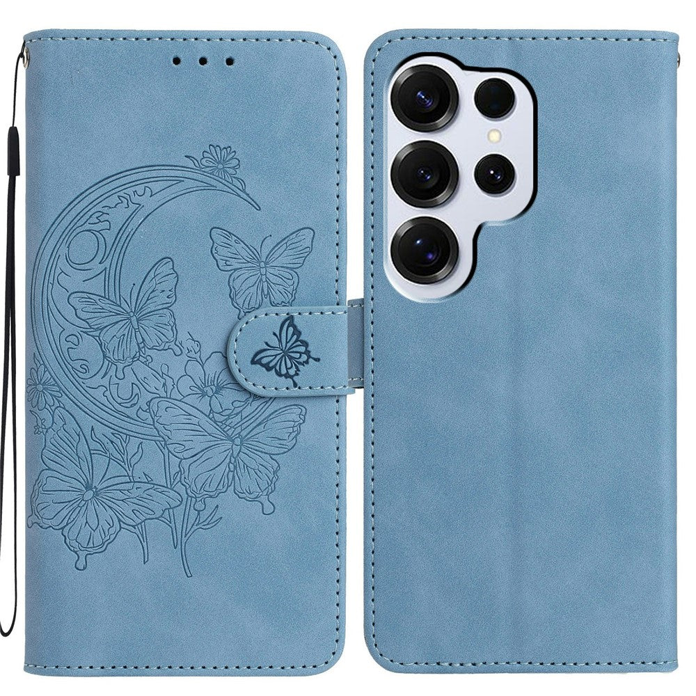 For-Samsung-Galaxy-S26-Ultra-Case-Butterfly-Flower-Imprinted-PU-Leather-Wallet-Stand-Phone-Cover-Sky-Blue