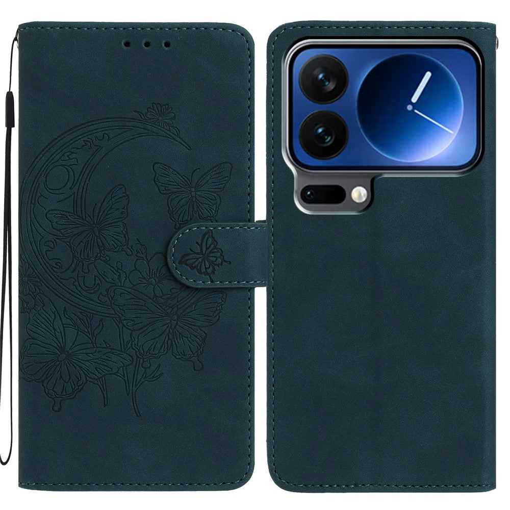 For Xiaomi 17 Pro Case Butterfly Flower Imprinted PU Leather Wallet Stand Phone Cover - Green