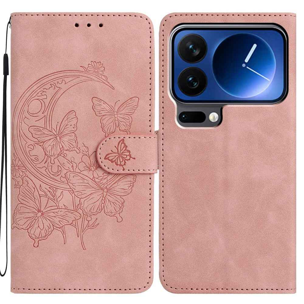 For Xiaomi 17 Pro Case Butterfly Flower Imprinted PU Leather Wallet Stand Phone Cover - Rose Gold