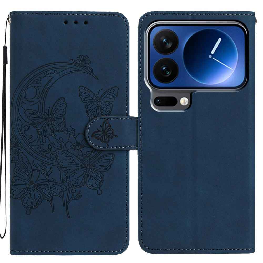 For Xiaomi 17 Pro Case Butterfly Flower Imprinted PU Leather Wallet Stand Phone Cover - Blue