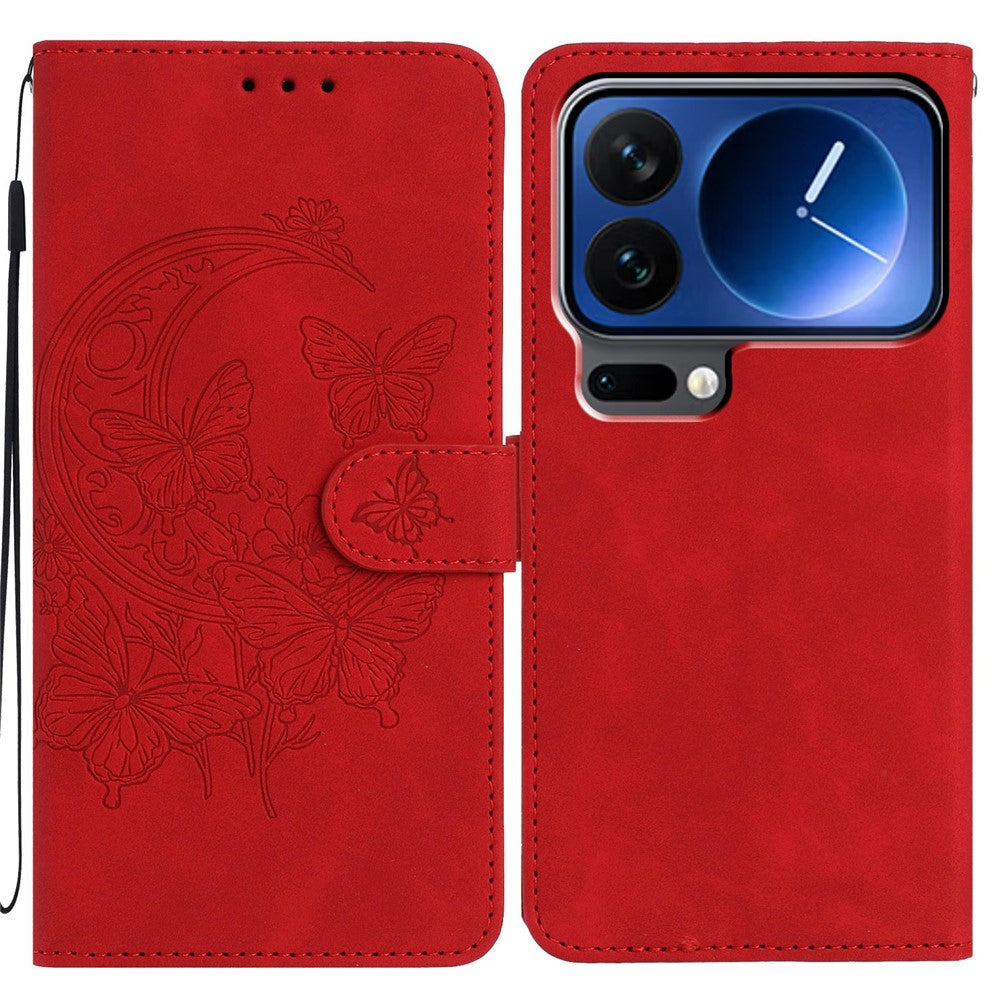 For Xiaomi 17 Pro Max Case Butterfly Flower Imprinted PU Leather Wallet Stand Phone Cover - Red