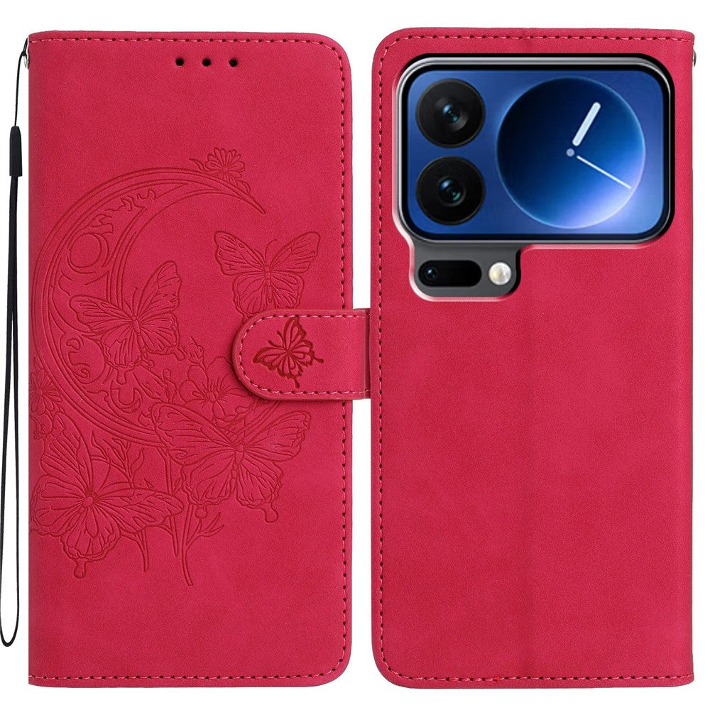 For Xiaomi 17 Pro Max Case Butterfly Flower Imprinted PU Leather Wallet Stand Phone Cover - Rose