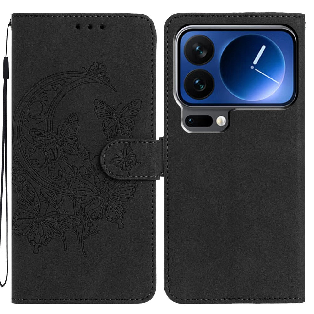 For Xiaomi 17 Pro Max Case Butterfly Flower Imprinted PU Leather Wallet Stand Phone Cover - Black