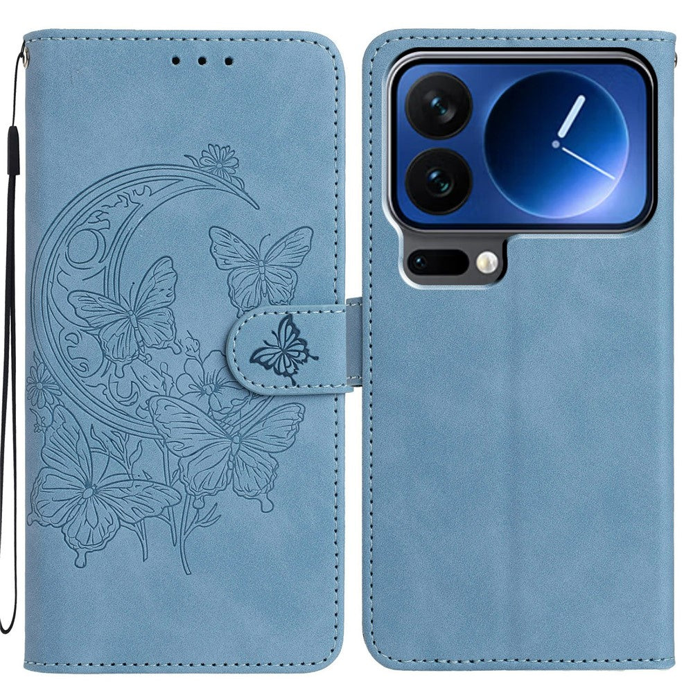 For Xiaomi 17 Pro Max Case Butterfly Flower Imprinted PU Leather Wallet Stand Phone Cover - Sky Blue
