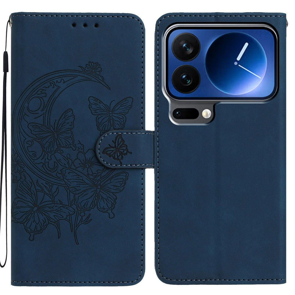 For Xiaomi 17 Pro Max Case Butterfly Flower Imprinted PU Leather Wallet Stand Phone Cover - Blue