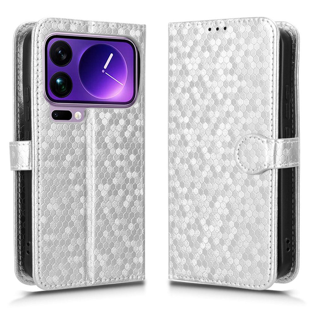 For Xiaomi 17 Pro Max Wallet Case Dot Pattern Imprint PU Leather Phone Cover with Wrist Strap - Silver