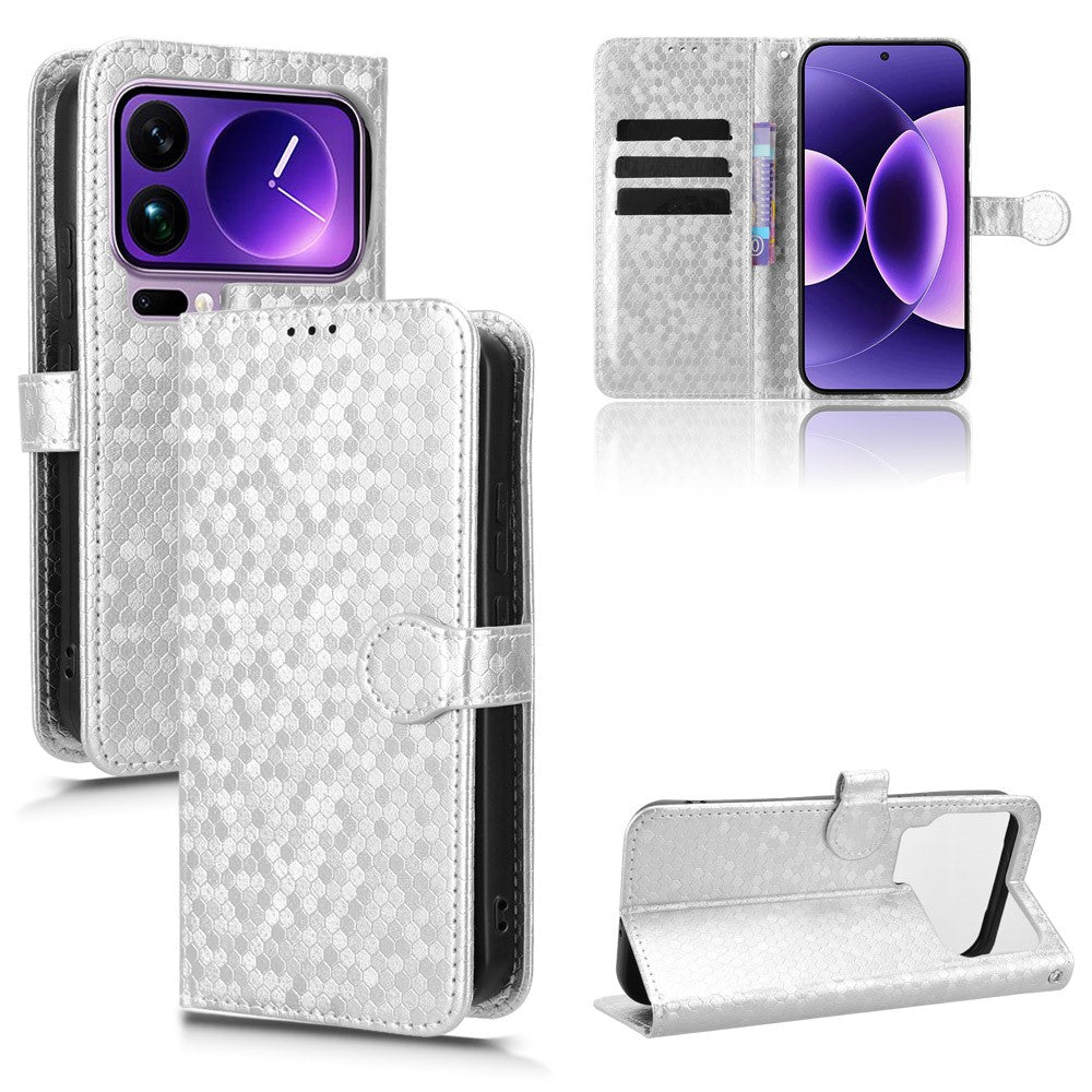 For Xiaomi 17 Pro Max Wallet Case Dot Pattern Imprint PU Leather Phone Cover with Wrist Strap - Silver