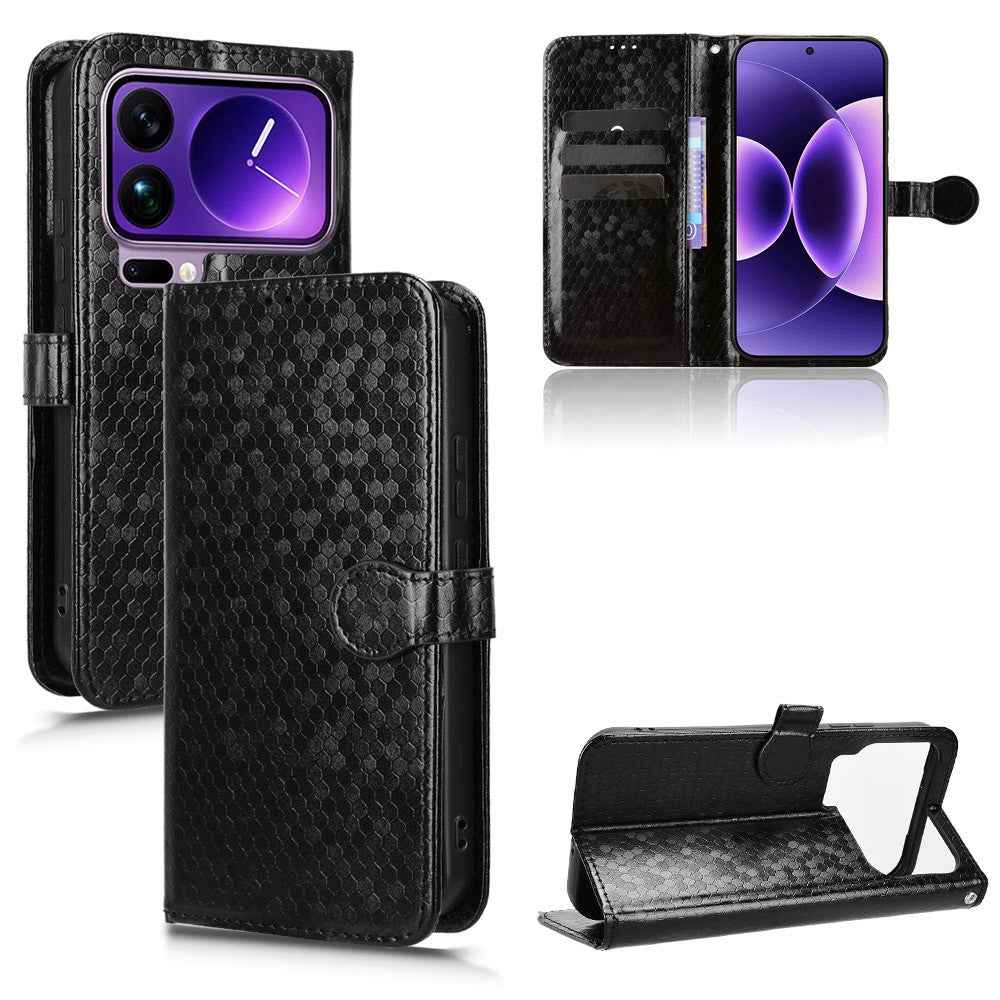 For Xiaomi 17 Pro Wallet Case Dot Pattern Imprint PU Leather Phone Cover with Wrist Strap - Black